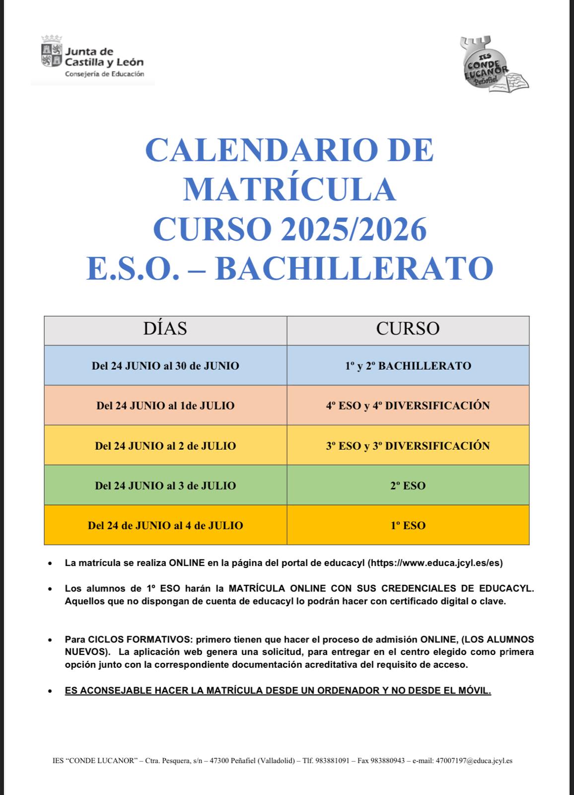 fechas matriculación 25/26